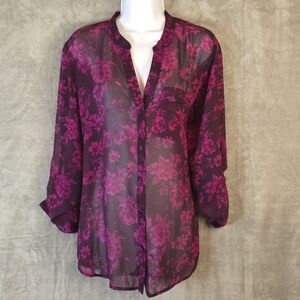 Kut From the Kloth Dark Floral Sheer Button Up Womens Large Romantic